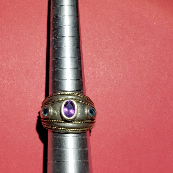 Vintage 925 14K Gold Over Purple Amethyst & Aquamarine Ring - Picture 2 of 6